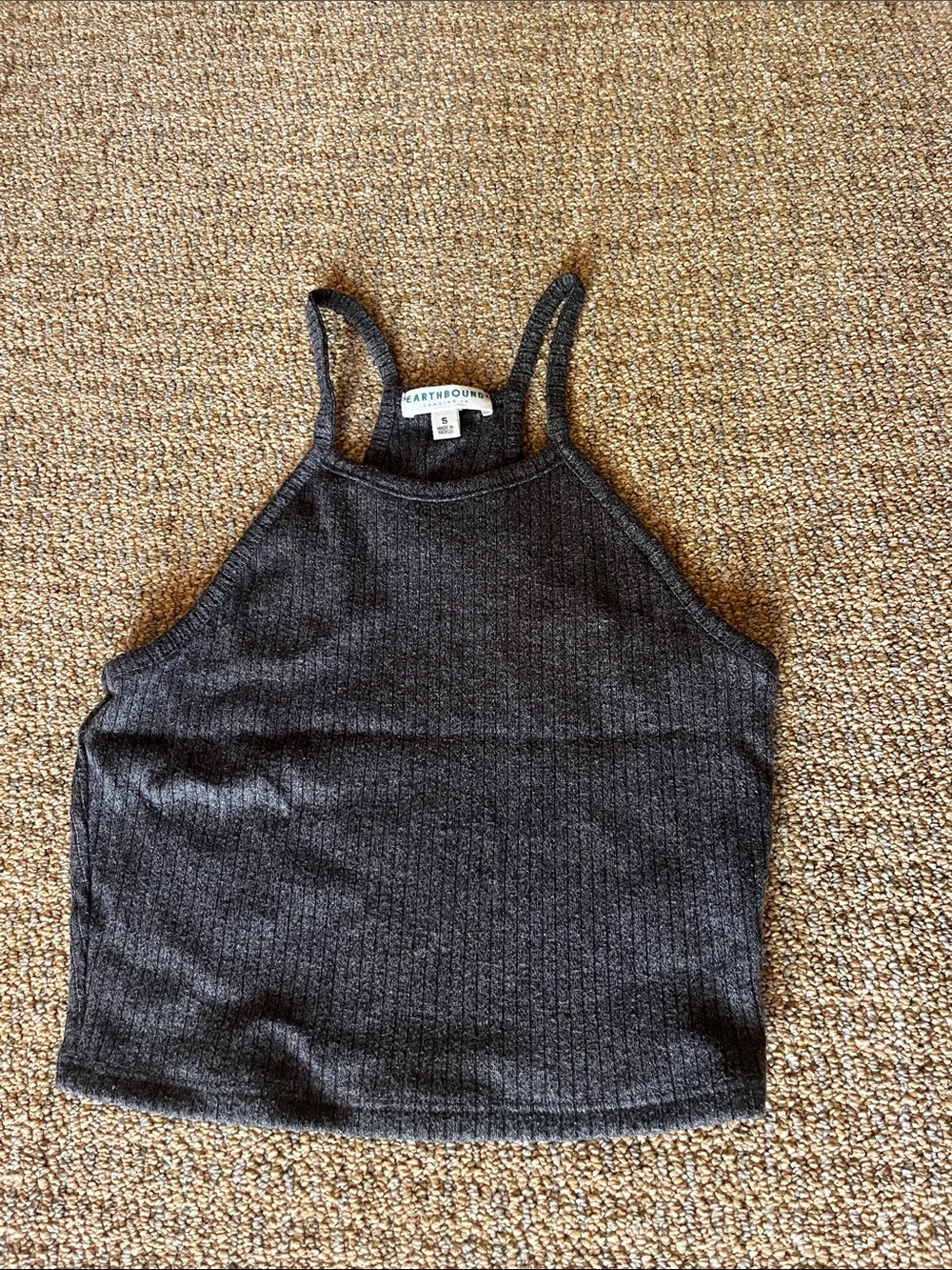 Earthbound Charcoal Ribbed Halter Crop Tank Top